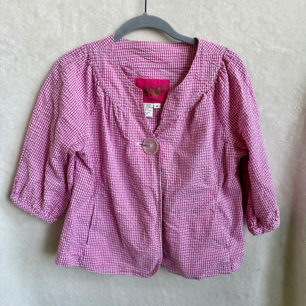 Live a Little Sz M Pink Gingham Cropped Puff Sleeve Single Button Blazer Jacket